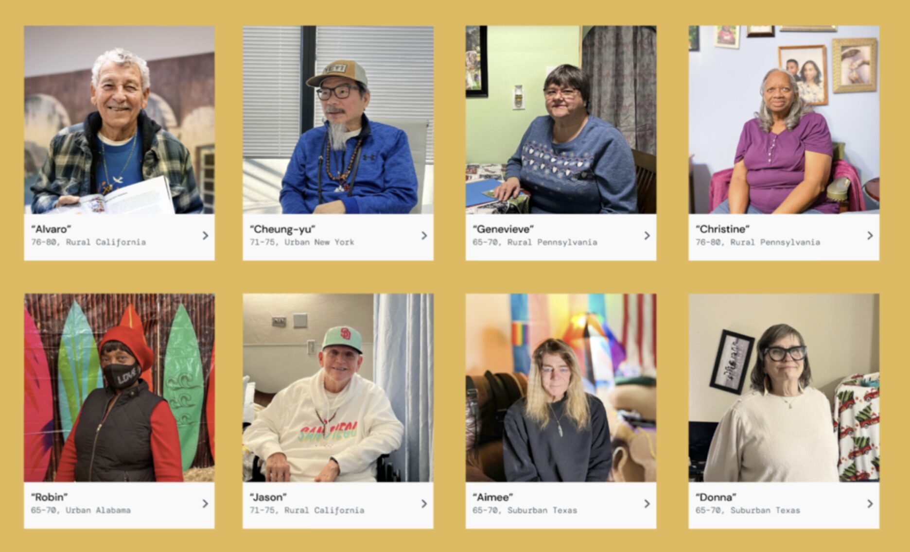 Eight candid photos of people who participated in the research pool. The people are all older adults with a variety of skin tones, clothing styles, and gender presentations. 