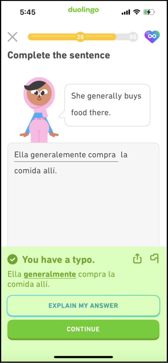 Mobile user interface of a translation game in the Spanish version of Duolingo. An error prompt at the bottom reads, “You have a typo.” User can select “explain my answer” or “continue”.