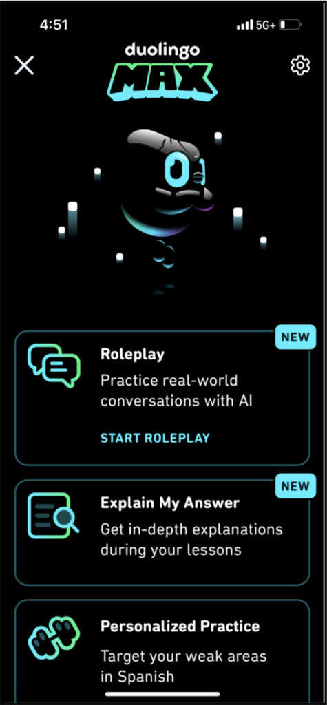 Mobile user interface of Duolingo Max. There are three cards with the features, “Roleplay,” “Explain My Answer,” and “Personalized Practice.” 